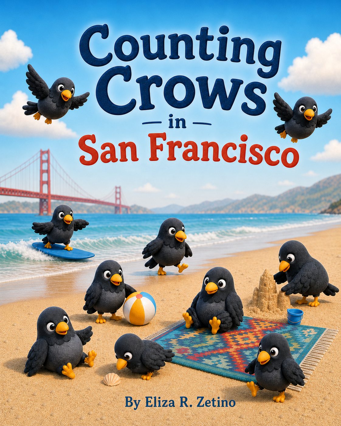 Cover of Counting Crows in San Francisco featuring playful black crows on a sunny beach with the Golden Gate Bridge, ocean waves, clouds, and San Francisco hills in the background.