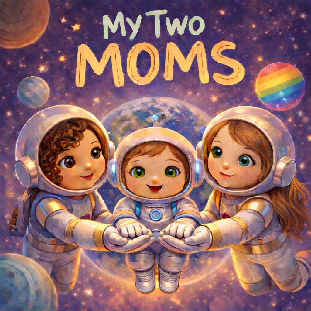 Cover of My Two Moms featuring a smiling child astronaut floating hand-in-hand with two moms in space beneath a starry sky, glowing planets, and the Earth.