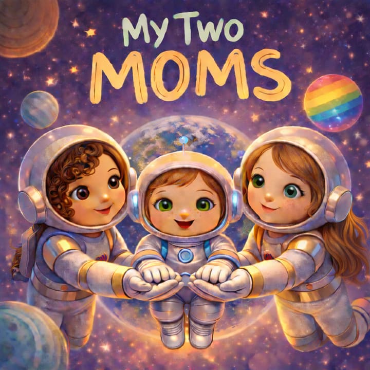 Cover of My Two Moms featuring a smiling child astronaut floating hand-in-hand with two moms in space beneath a starry sky, glowing planets, and the Earth.