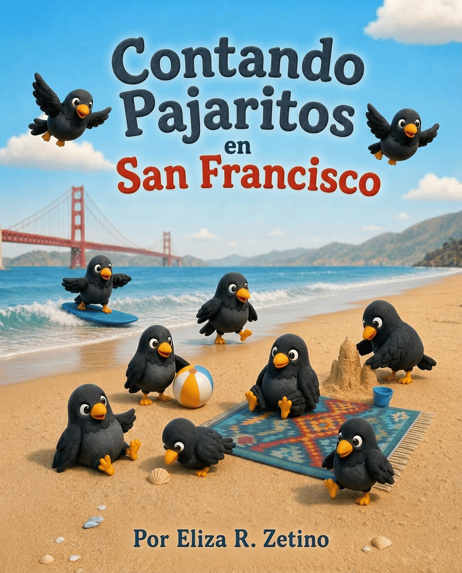 Portada de Contando Pajaritos en San Francisco con pajaritos negros juguetones en una playa soleada, el puente Golden Gate, olas, nubes y colinas de San Francisco al fondo.