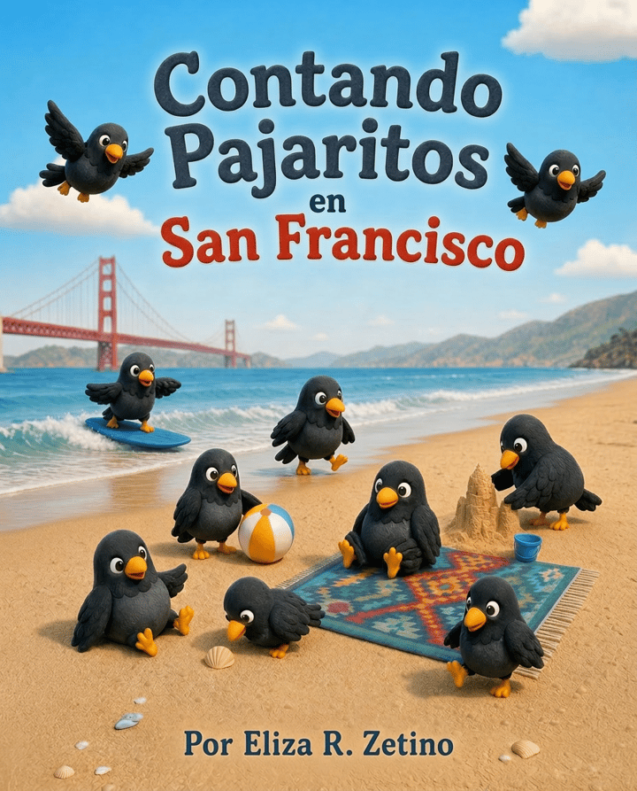 Portada de Contando Pajaritos en San Francisco con pajaritos negros juguetones en una playa soleada, el puente Golden Gate, olas, nubes y colinas de San Francisco al fondo.