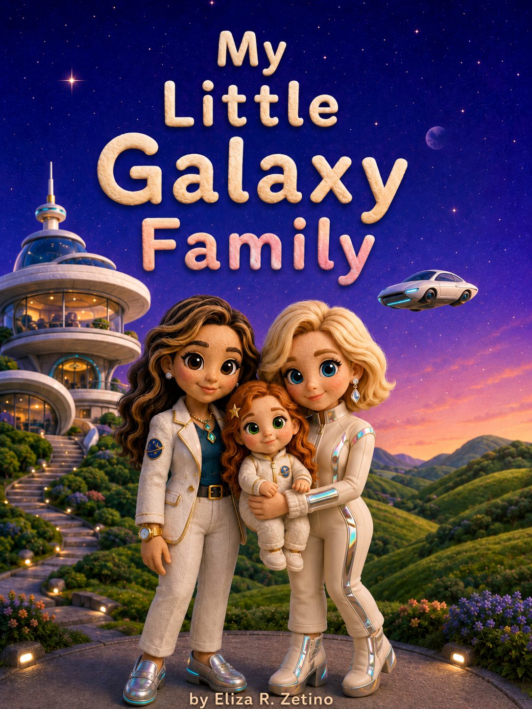 Portada de Mi pequeña familia galáctica con dos mamás y su hija con ropa futurista bajo un cielo lleno de estrellas, junto a una casa espacial redondeada y un auto volador.