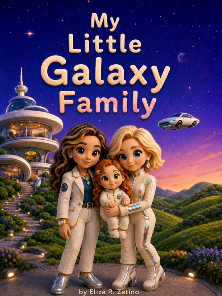 Portada de Mi pequeña familia galáctica con dos mamás y su hija con ropa futurista bajo un cielo lleno de estrellas, junto a una casa espacial redondeada y un auto volador.