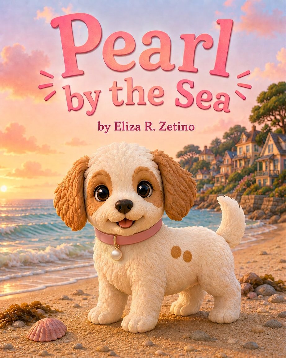 Portada de Pearl junto al mar con una adorable cachorrita bernedoodle miniatura usando un collar rosa en una playa iluminada al atardecer.